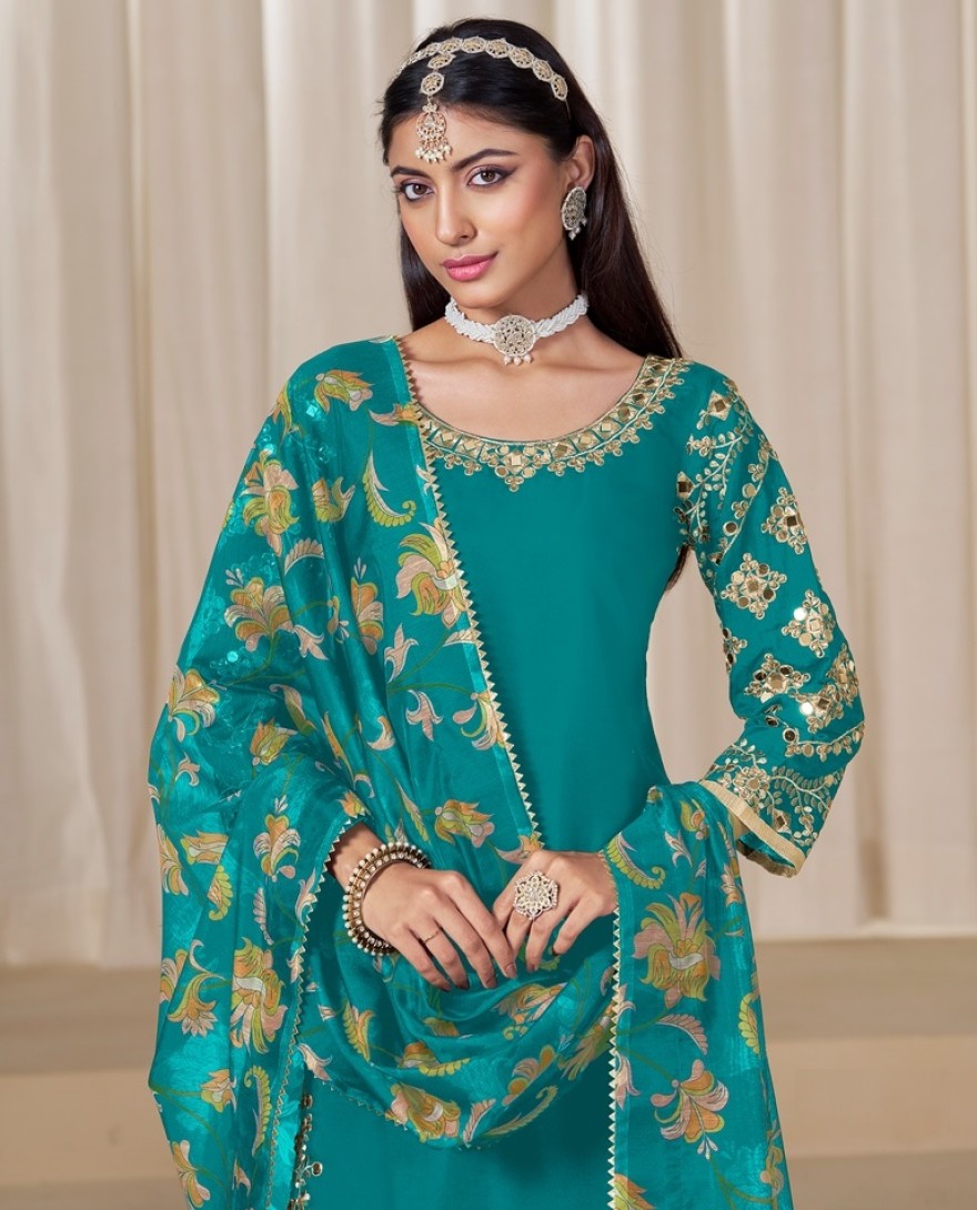225-blue - Mirror Work Teal Embroidered Punjabi Suit